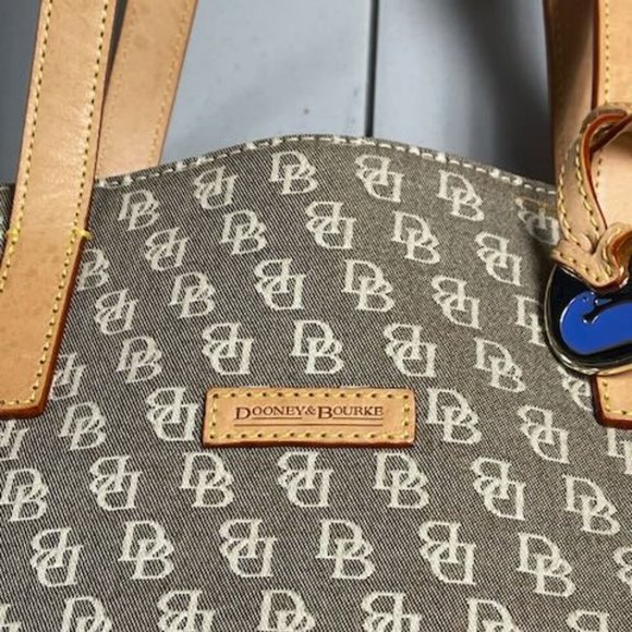 Dooney & Bourke cloth signature handbag/purse w leather straps. Light brown/tan. - Picture 2 of 11